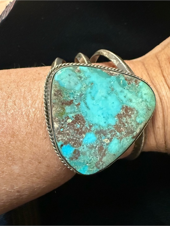 Jewelry - Heavy Sterling Silver Turquoise Statement Cuff Bracelet - Blue-Green Stone